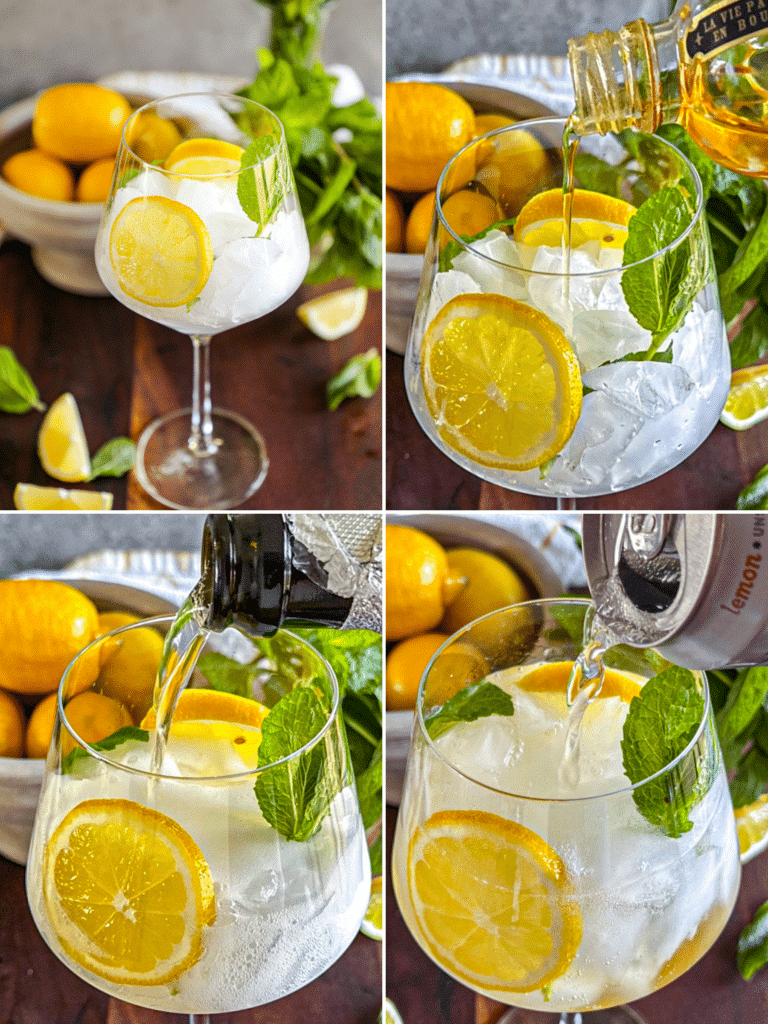 Adding the hugo spritz ingredients into a wine glass