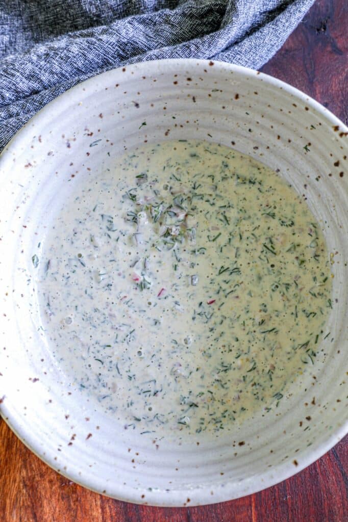 Crispy potato salad dressing with the greek yogurt base and pickle de gallo 