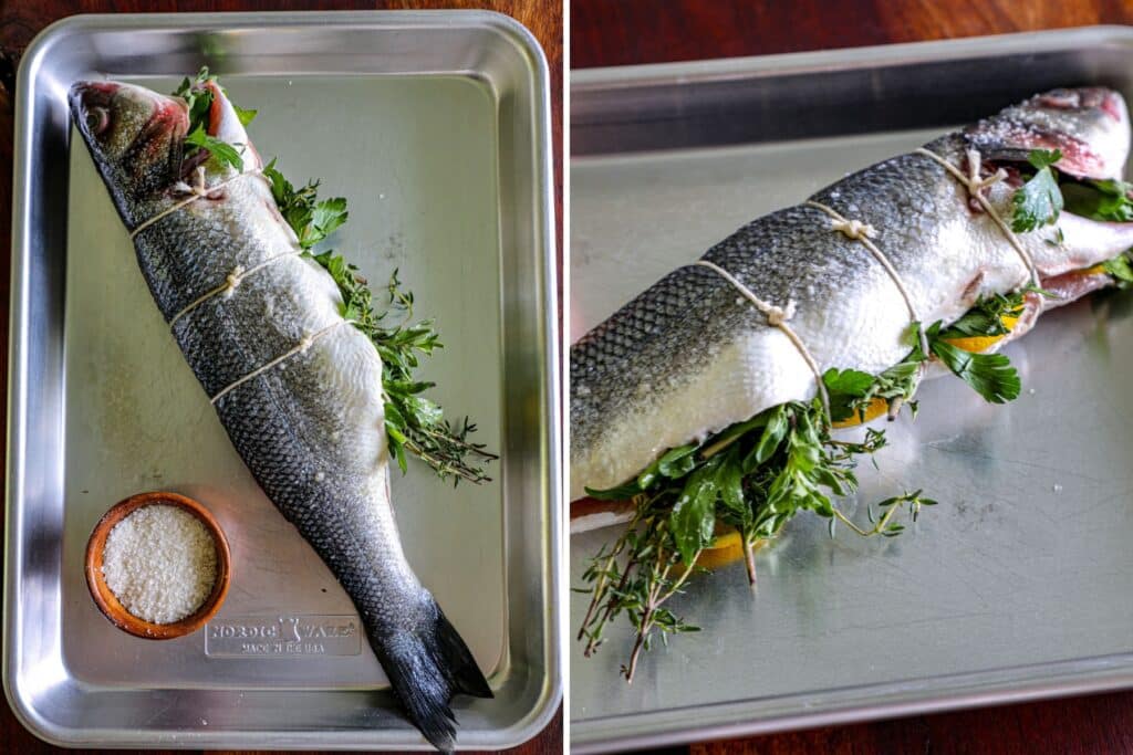Filling the fish with lemon and herbs
