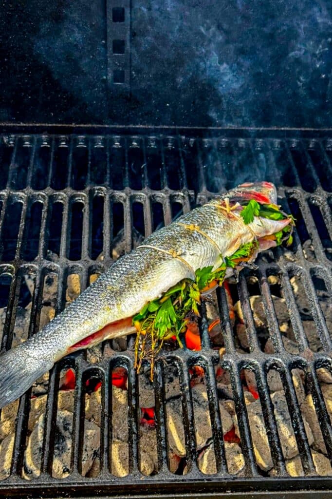 Grilling the branzino over charcoal 