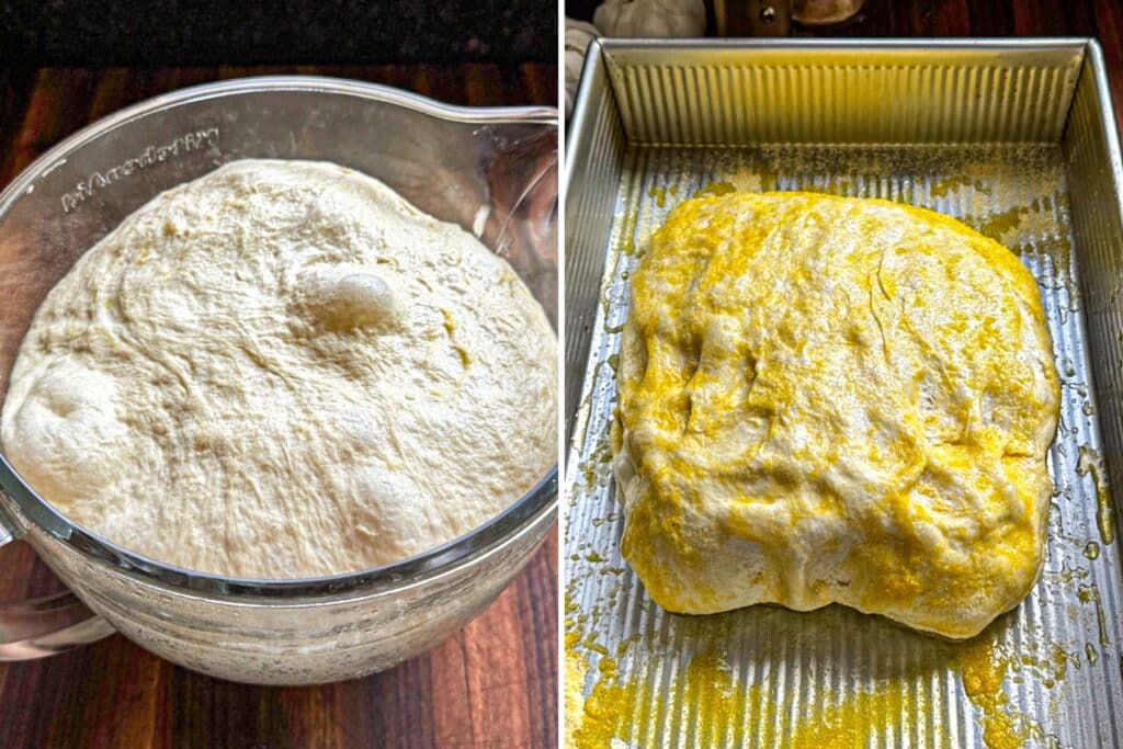Pan proofing the focaccia dough