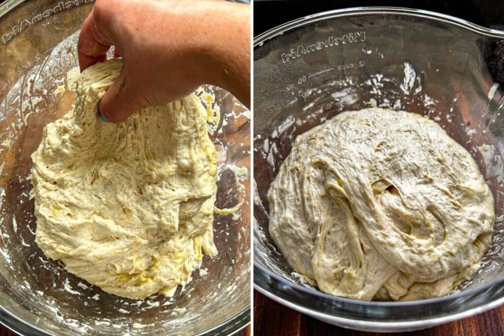 stretching the focaccia dough