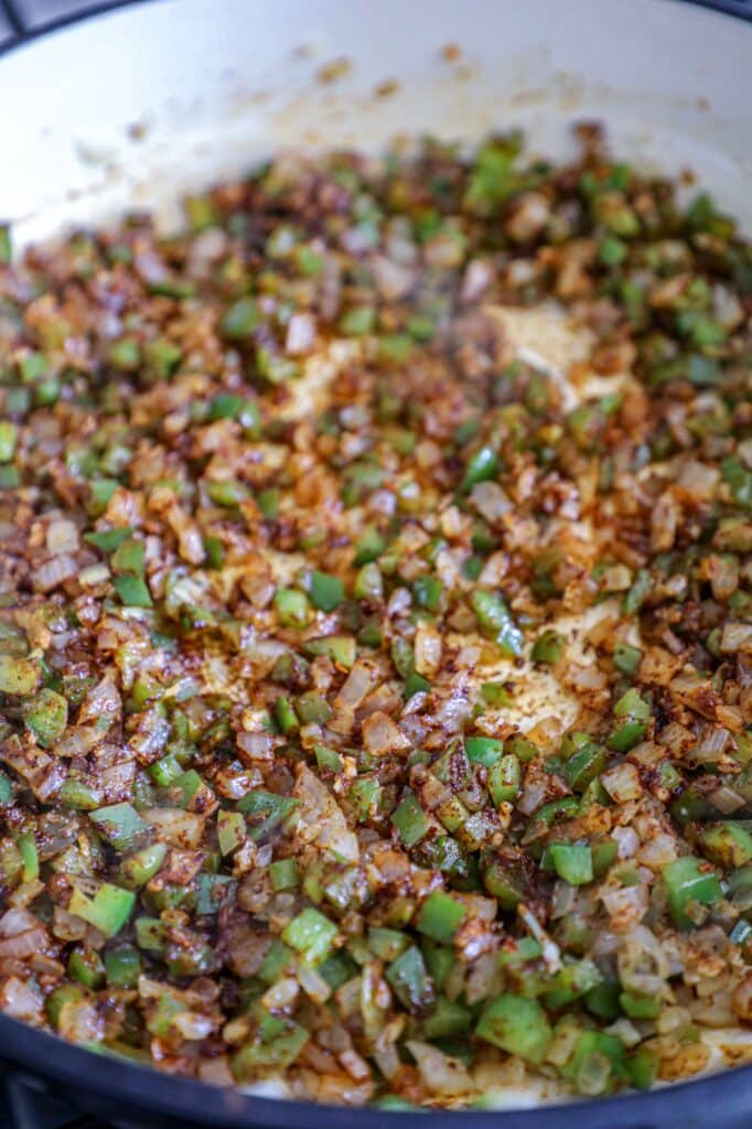 the venison chili base of cooked vegetables 